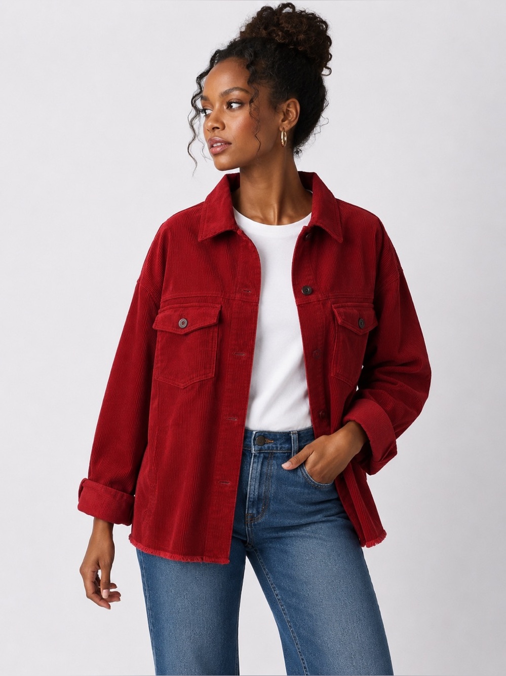Zara Ruby Red Wide Wale Corduroy Oversized Shacket Button Down Jacket Medium